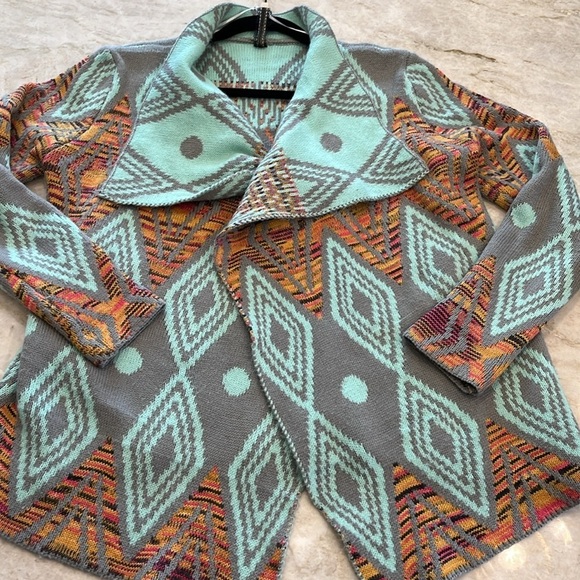 Petrol | Aztec Print Open Front Cardigan | Aqua,‎ Grey, Orange | Small/Medium - Picture 5 of 9